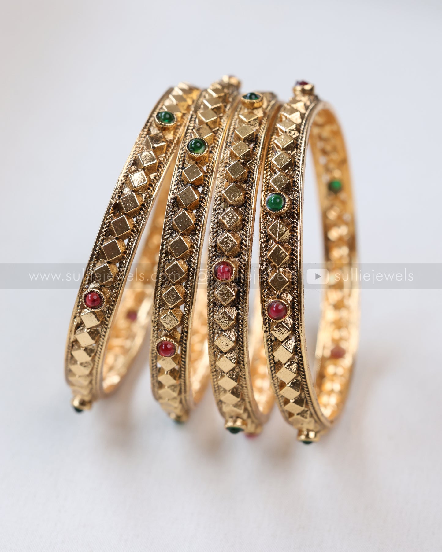 9046 - Sullie Basic - Multi Stone Intricate Square Bangle - Set of 4