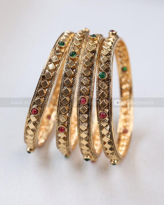 9046 - Sullie Basic - Multi Stone Intricate Square Bangle - Set of 4