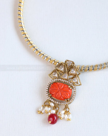 Orange Carved Stone Hasli with Earring