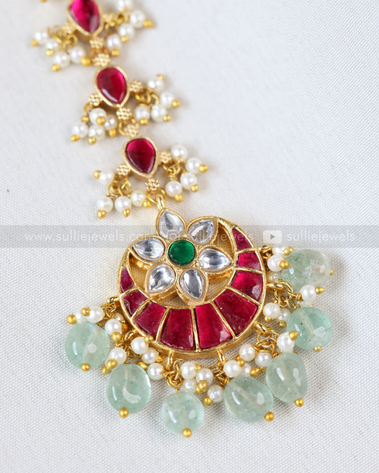 1084 - Premium Floral Jadau Chandbali Tikka with Mint beads