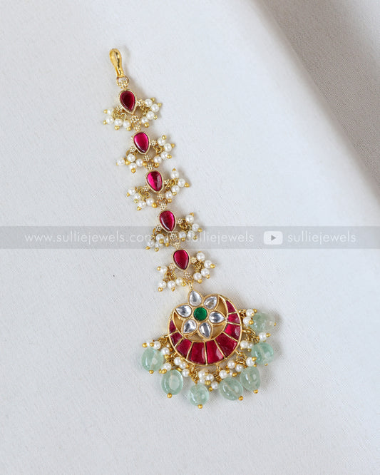 1084 - Premium Floral Jadau Chandbali Tikka with Mint beads