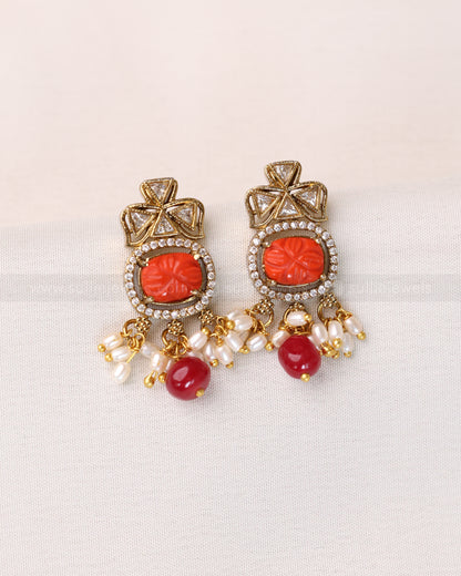 Orange Carved Stone Hasli with Earring