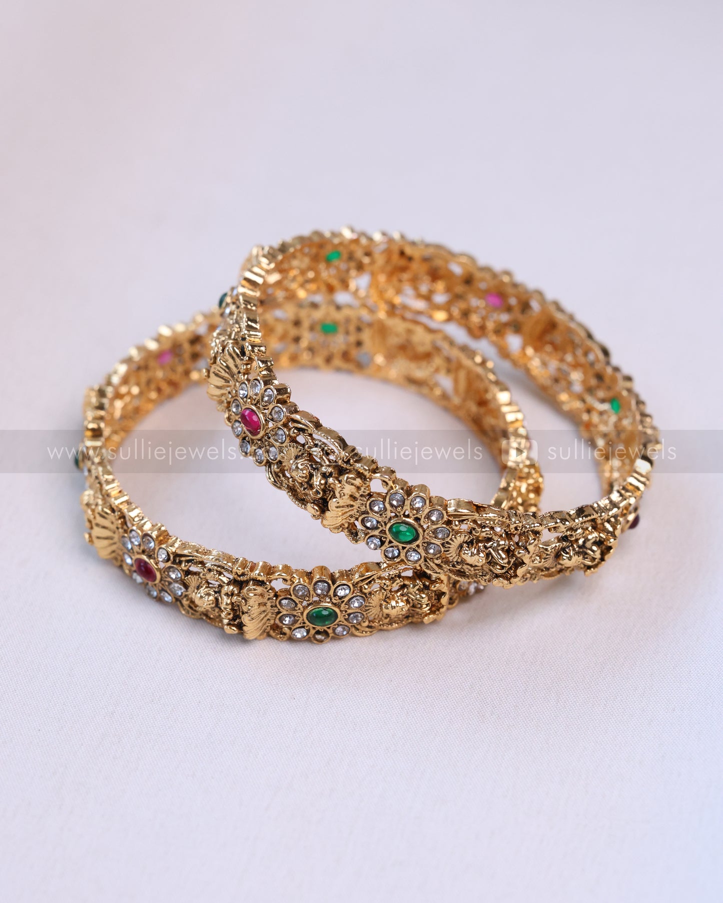 9052 - Sullie Basic Flower & Lakshmi Stone Gold Bangle - Set of 2