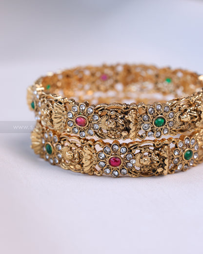9052 - Sullie Basic Flower & Lakshmi Stone Gold Bangle - Set of 2