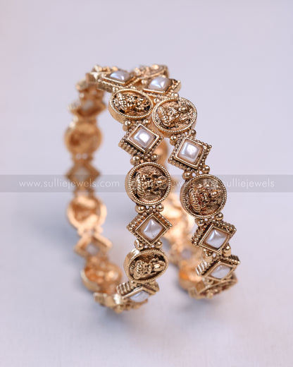 9070 - Sullie Basic - White Square Stone Lakshmi Coin Bangle - Set of 2