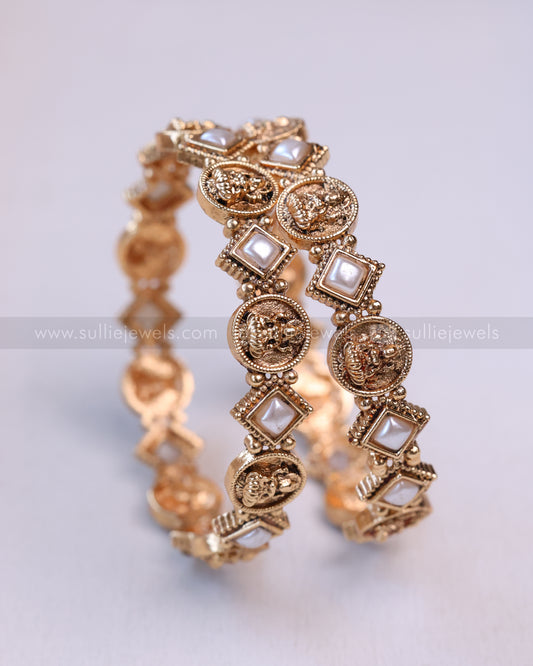 9070 - Sullie Basic - White Square Stone Lakshmi Coin Bangle - Set of 2