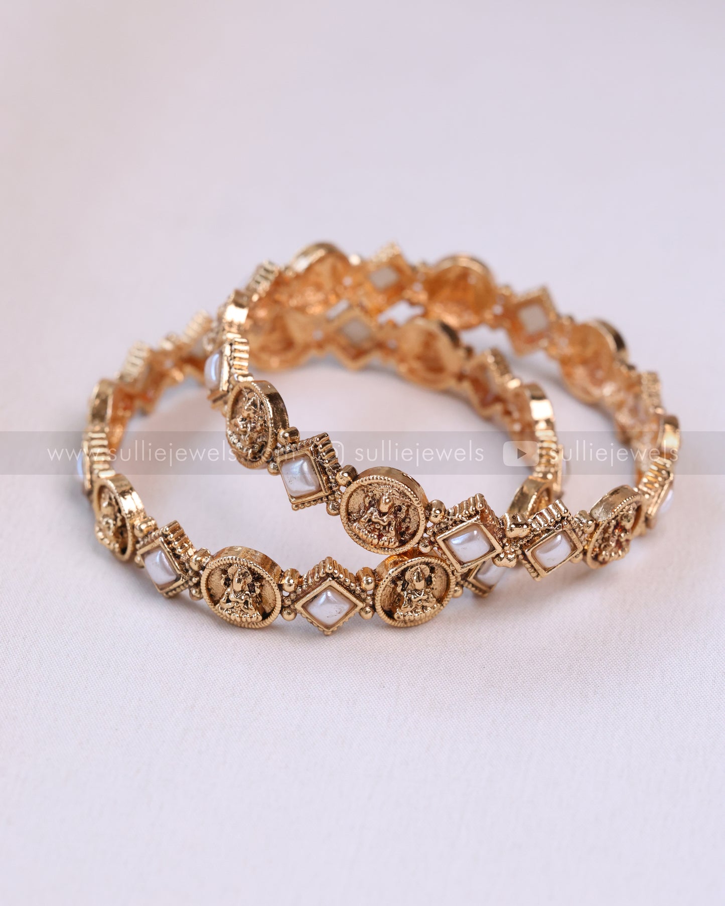 9070 - Sullie Basic - White Square Stone Lakshmi Coin Bangle - Set of 2