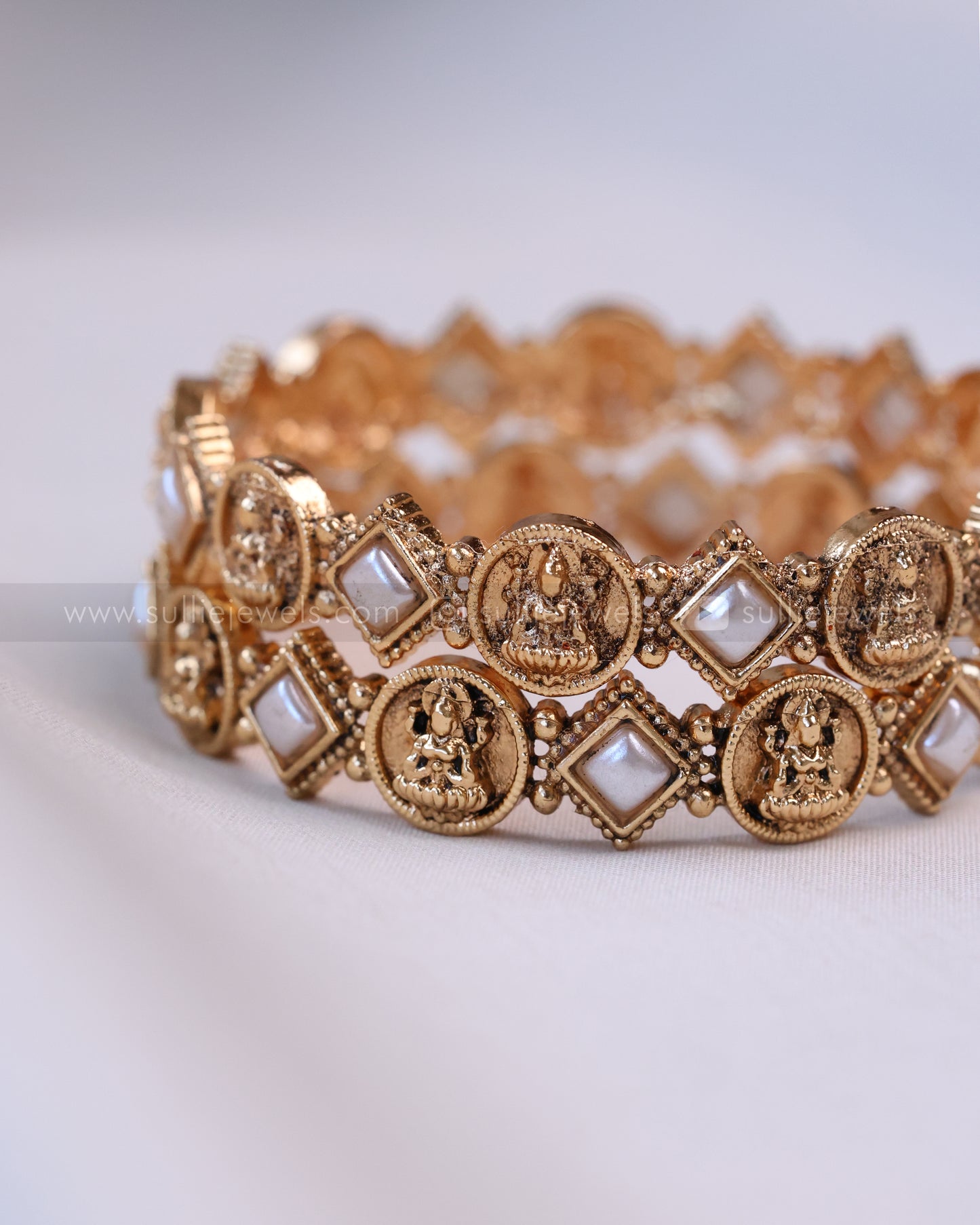 9070 - Sullie Basic - White Square Stone Lakshmi Coin Bangle - Set of 2