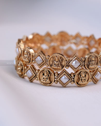 9070 - Sullie Basic - White Square Stone Lakshmi Coin Bangle - Set of 2