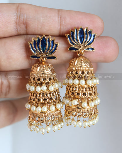 Sullie Basic Lotus 3 Layer Pearl Jhumka