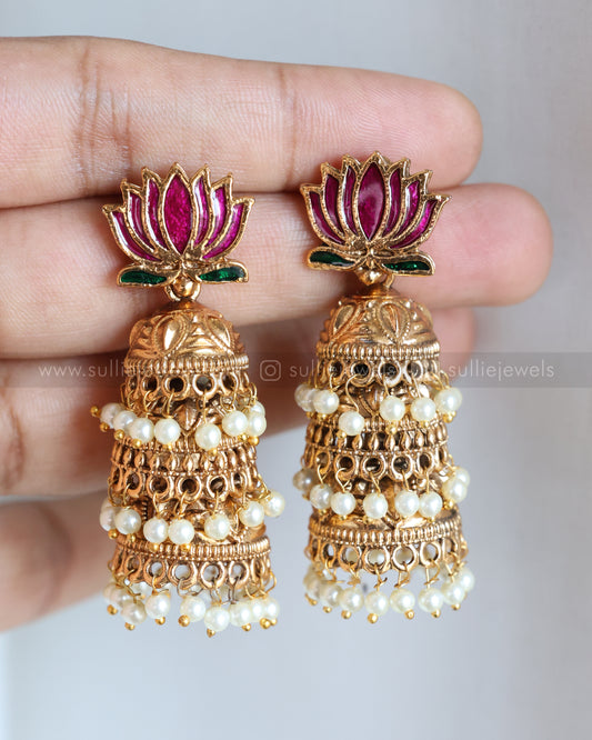 Sullie Basic Lotus 3 Layer Pearl Jhumka