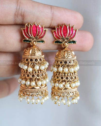 Sullie Basic Lotus 3 Layer Pearl Jhumka