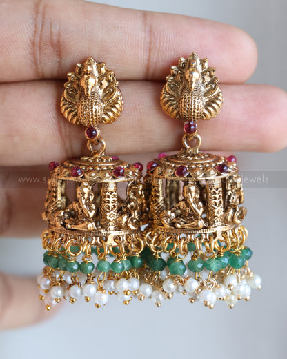 Sullie Basic Little Krishna Peacock Gold Jhumka - Mint, Pearl & Ruby