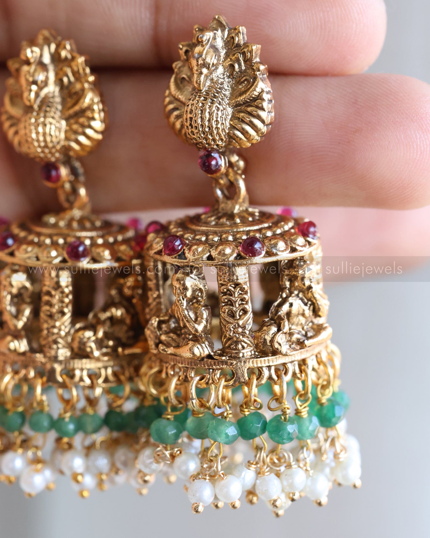 Sullie Basic Little Krishna Peacock Gold Jhumka - Mint, Pearl & Ruby