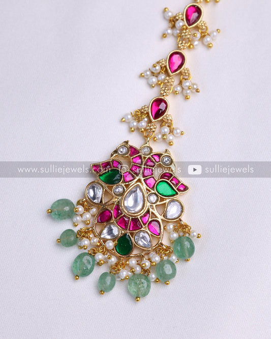 Premium Peacock Jadau Kemp Tikka with Mint beads