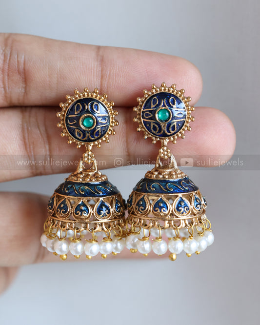 E1228 - Sullie Basic Dark Blue Meenakari Pearl Jhumka