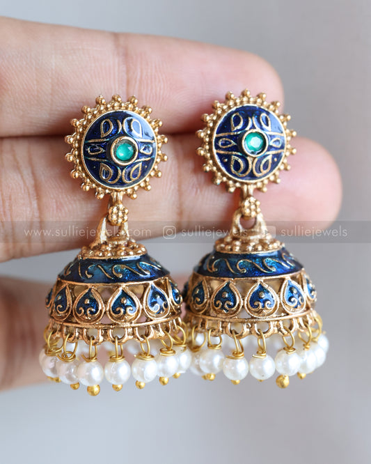 E1228 - Sullie Basic Dark Blue Meenakari Pearl Jhumka