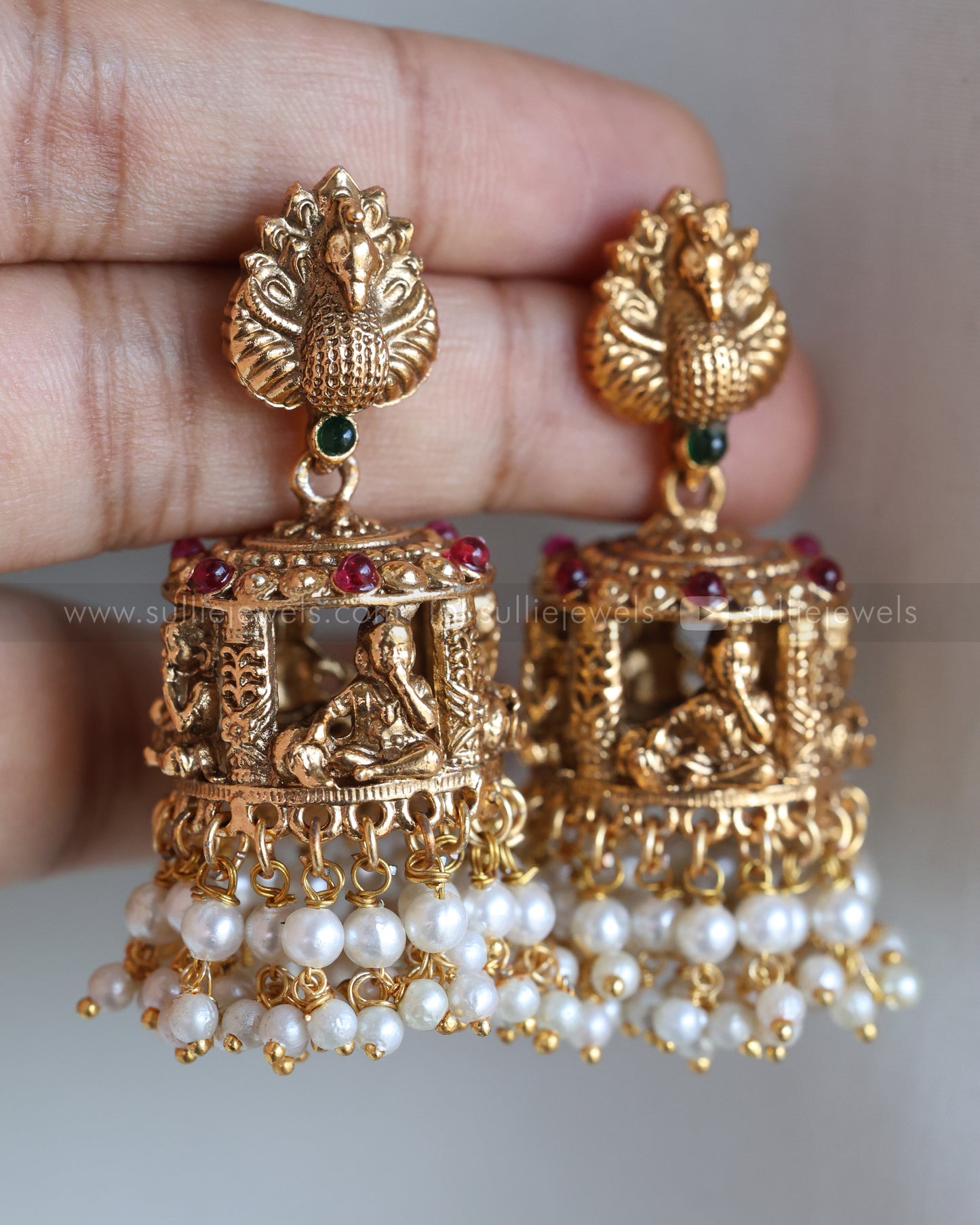 Sullie Basic Little Krishna Peacock Gold Jhumka - Mint, Pearl & Ruby