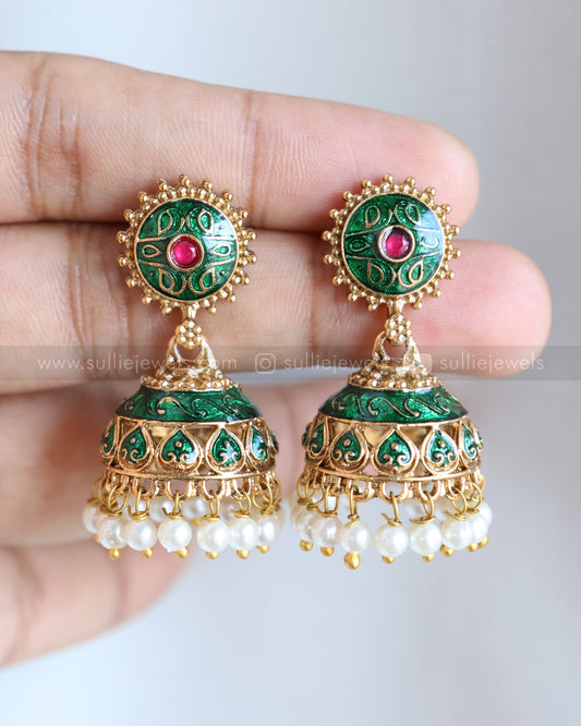 E1227 - Sullie Basic Green Meenakari Pearl Jhumka