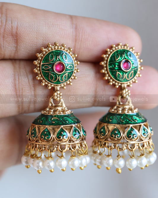 E1227 - Sullie Basic Green Meenakari Pearl Jhumka