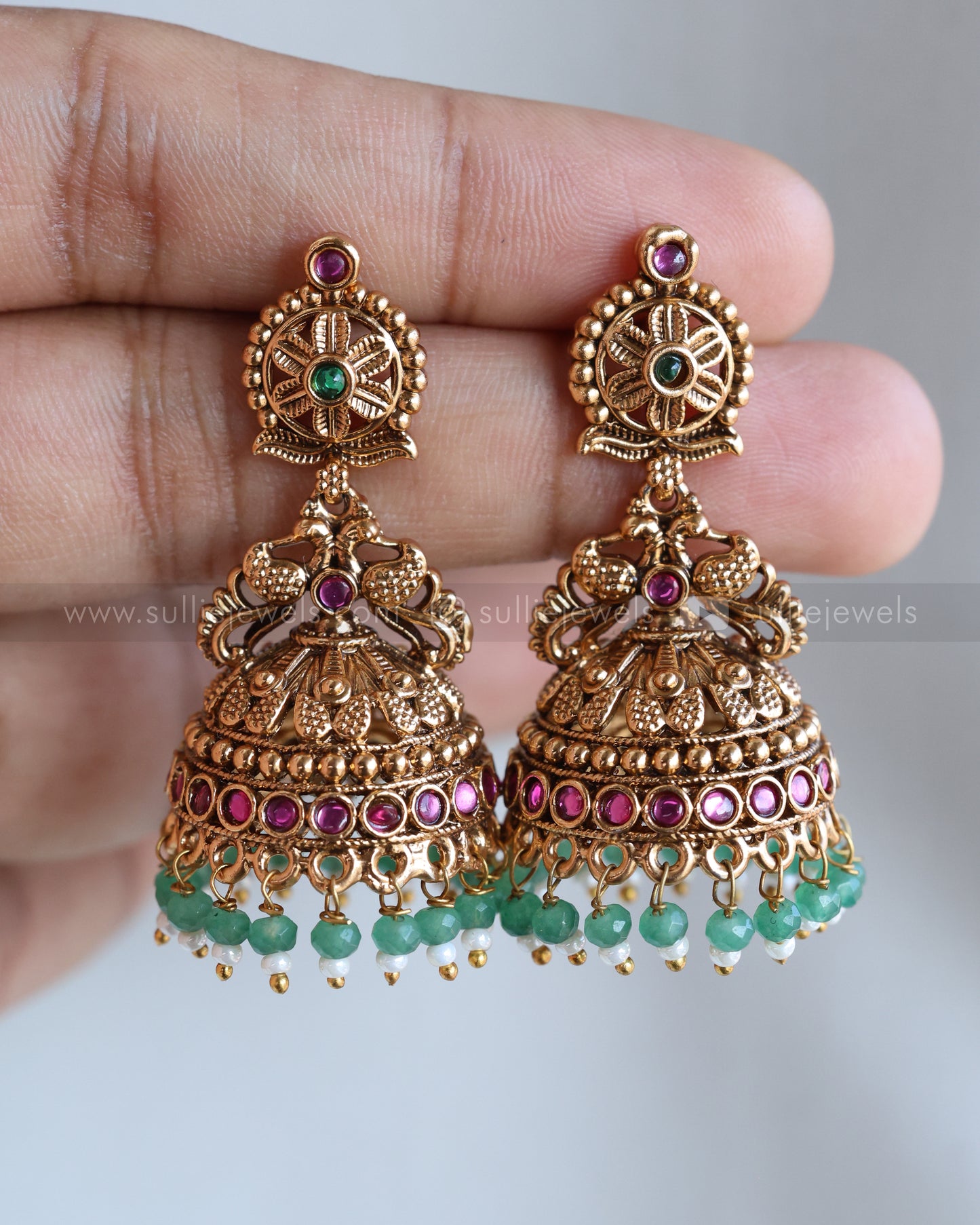 E1229 - Floral Copper Gold Long Jhumka with Mint Beads