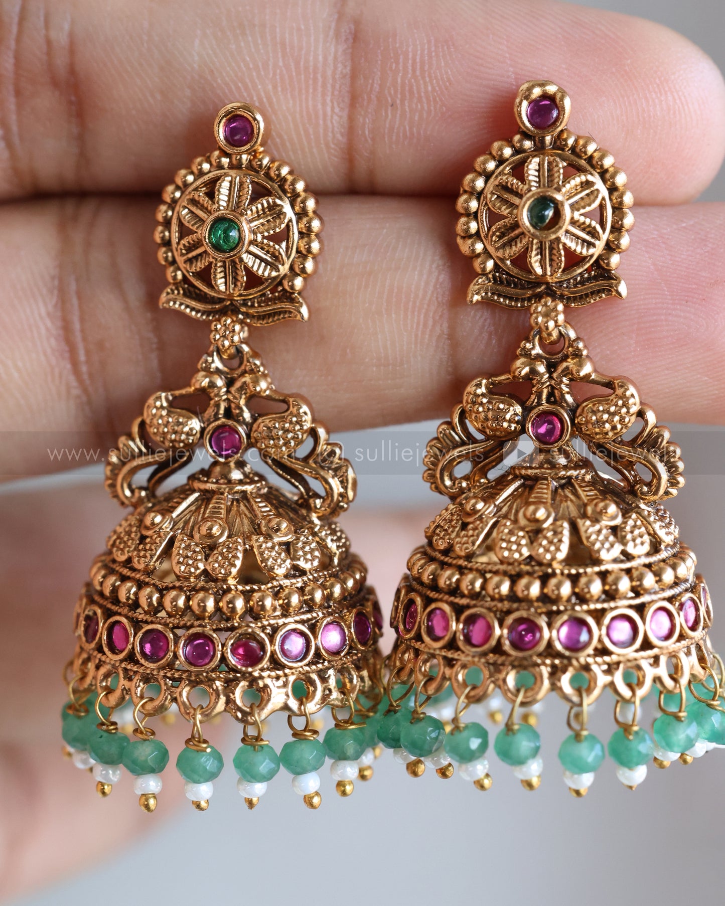 E1229 - Floral Copper Gold Long Jhumka with Mint Beads