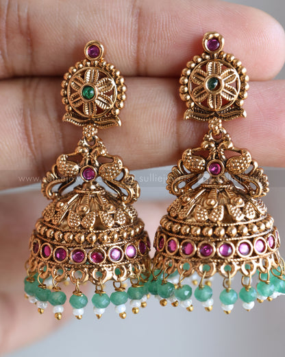 E1229 - Floral Copper Gold Long Jhumka with Mint Beads