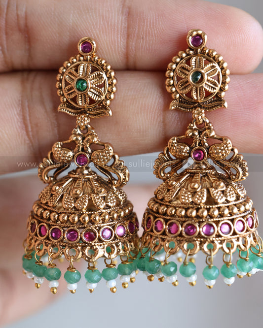E1229 - Floral Copper Gold Long Jhumka with Mint Beads