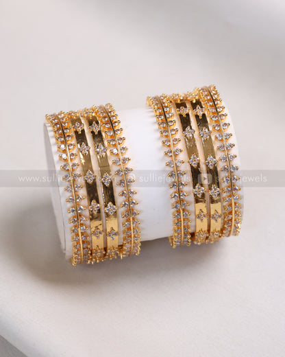 Gold Leaf Design White Stone Bangle Combo - Set of 8 Bangles
