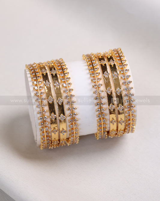 Gold Leaf Design White Stone Bangle Combo - Set of 8 Bangles