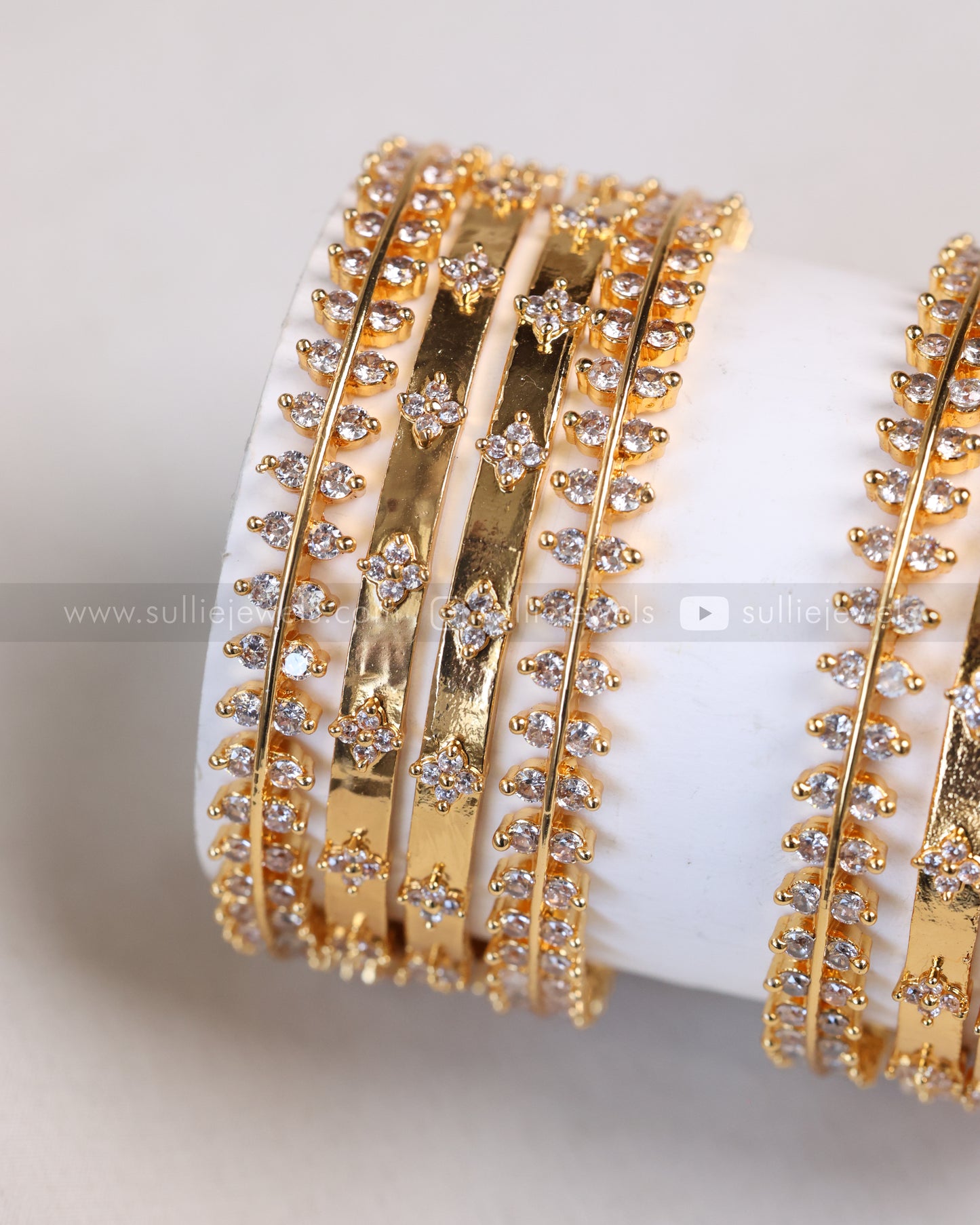 Gold Leaf Design White Stone Bangle Combo - Set of 8 Bangles