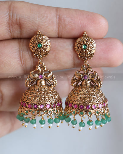E1236 - Copper Gold Long Jhumka with Mint Beads