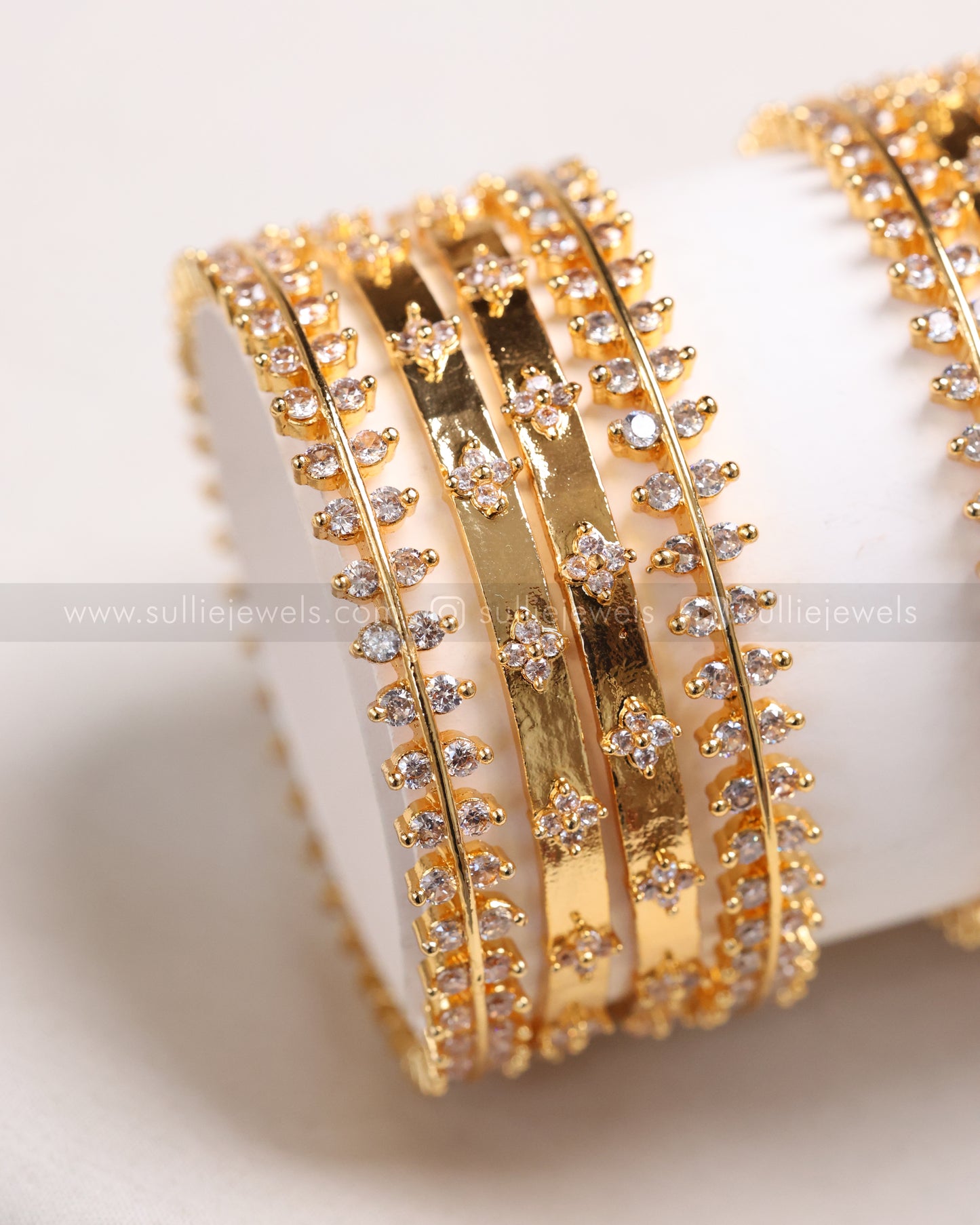 Gold Leaf Design White Stone Bangle Combo - Set of 8 Bangles