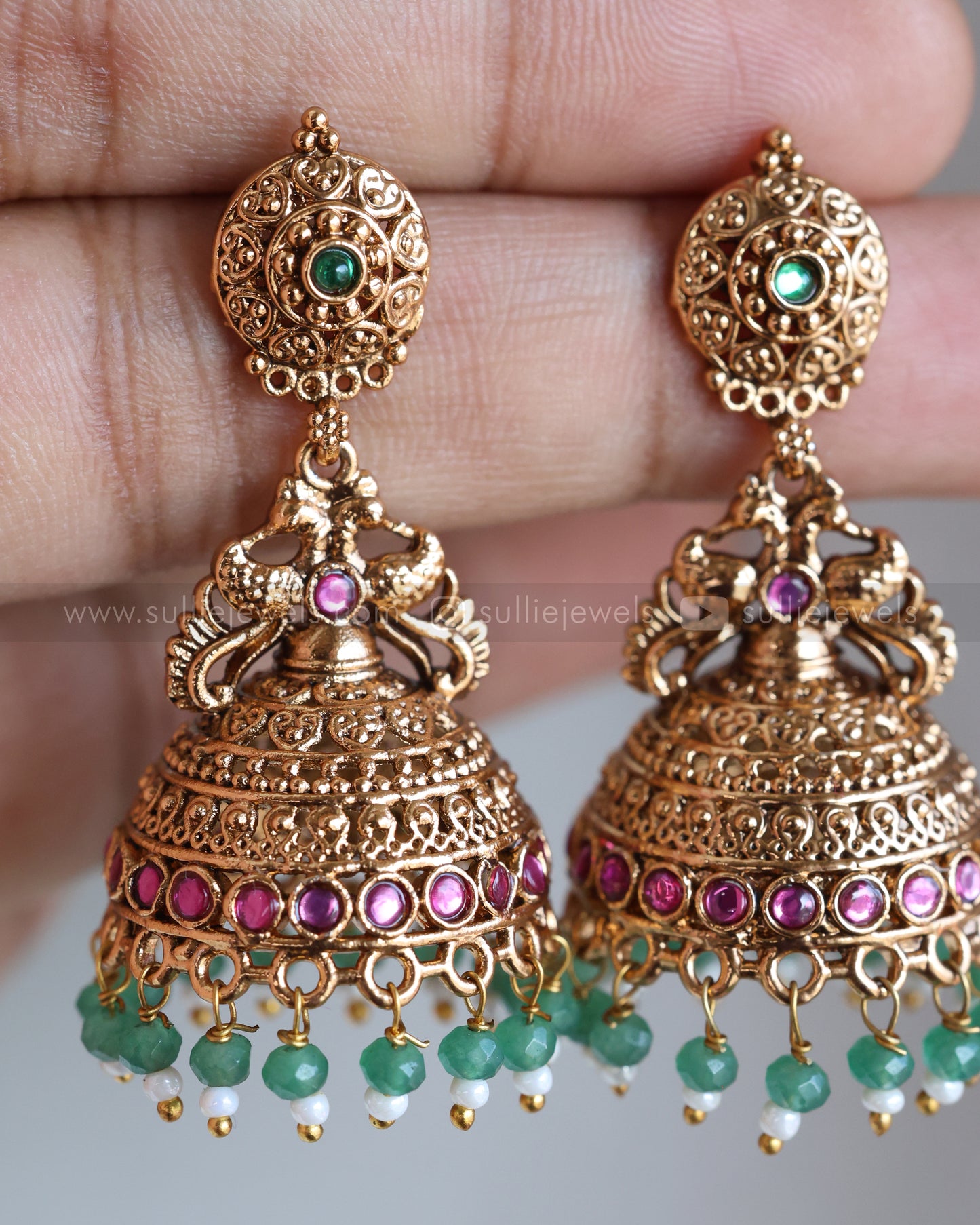 E1236 - Copper Gold Long Jhumka with Mint Beads
