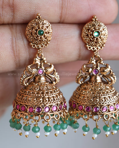 E1236 - Copper Gold Long Jhumka with Mint Beads