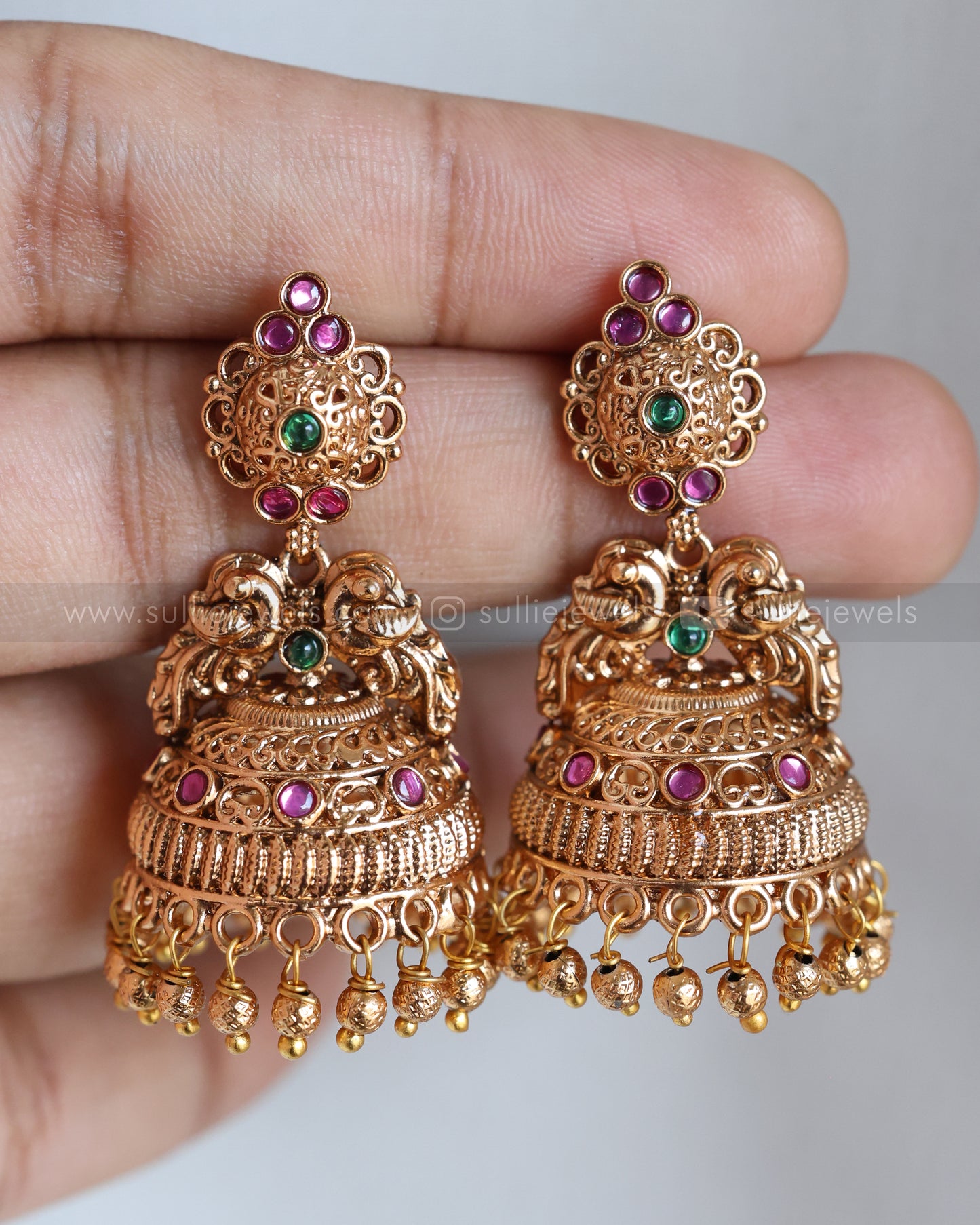 E1234 - Copper Gold Peacock Long Jhumka with Gold Beads