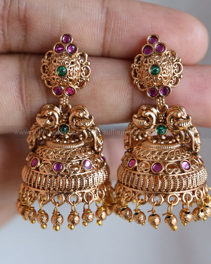 E1234 - Copper Gold Peacock Long Jhumka with Gold Beads