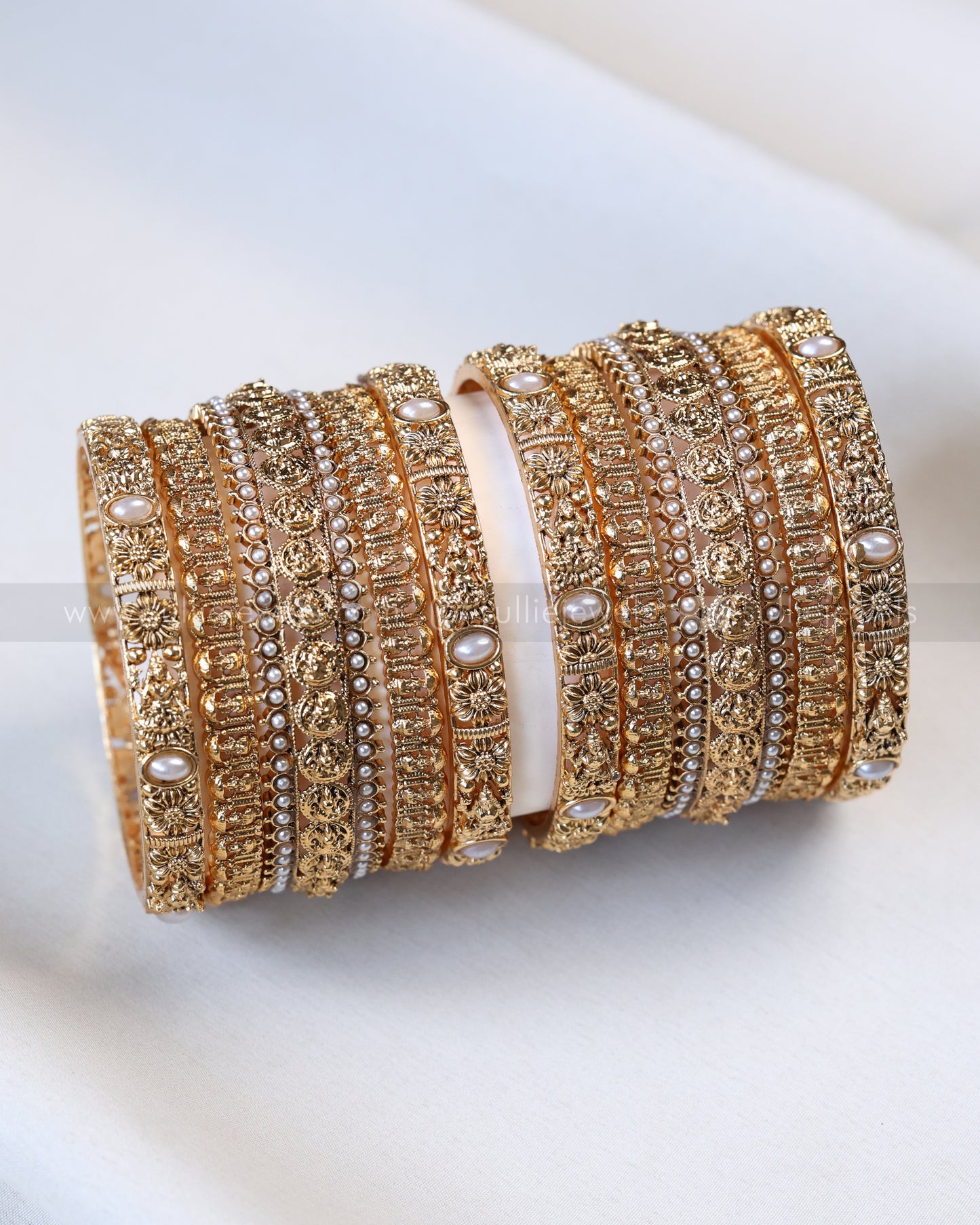 Sullie Basic - Gold Floral Lakshmi Pearl Bangle Combo - Set of 10 Bangles