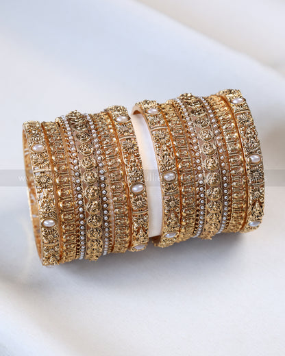 Sullie Basic - Gold Floral Lakshmi Pearl Bangle Combo - Set of 10 Bangles
