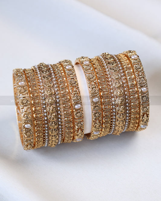 Sullie Basic - Gold Floral Lakshmi Pearl Bangle Combo - Set of 10 Bangles