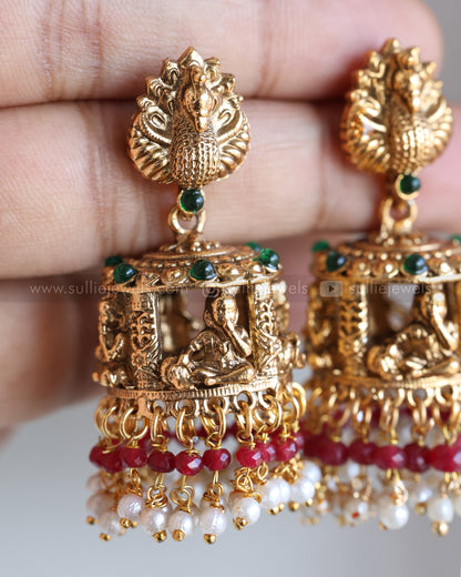 Sullie Basic Little Krishna Peacock Gold Jhumka - Mint, Pearl & Ruby