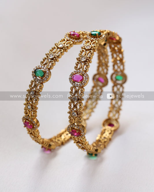 Multicolour Oval Stone Gold Bangle - Set of 4