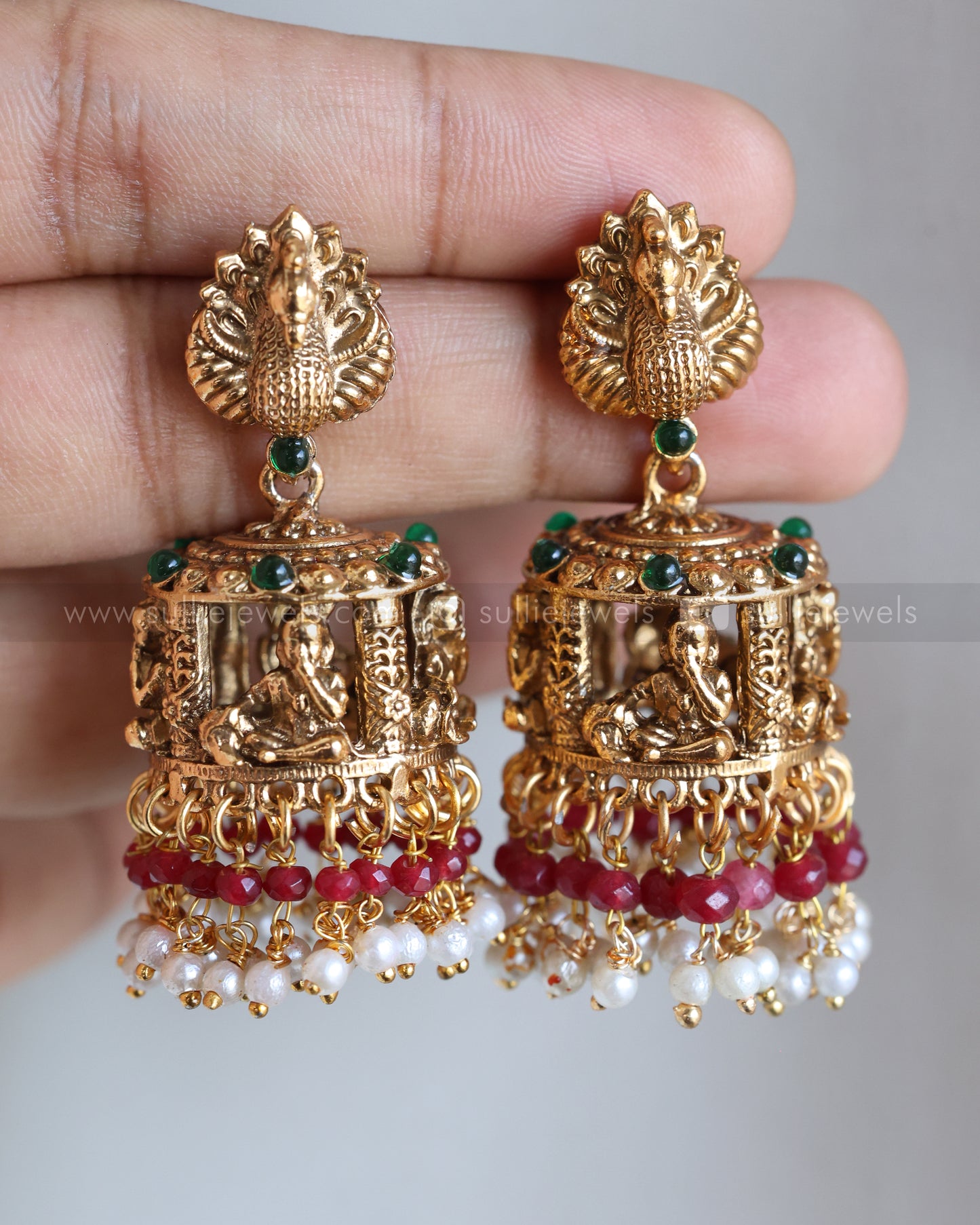 Sullie Basic Little Krishna Peacock Gold Jhumka - Mint, Pearl & Ruby