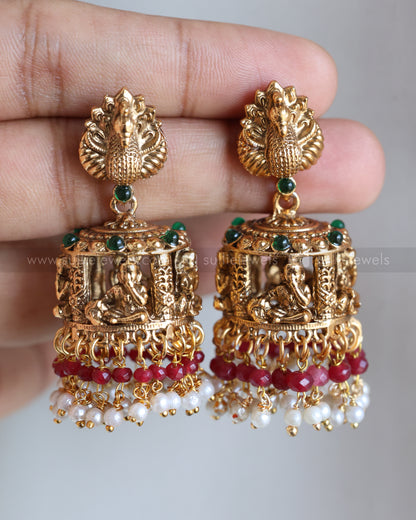 Sullie Basic Little Krishna Peacock Gold Jhumka - Mint, Pearl & Ruby