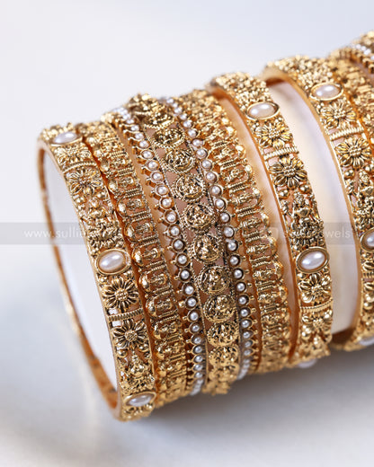 Sullie Basic - Gold Floral Lakshmi Pearl Bangle Combo - Set of 10 Bangles