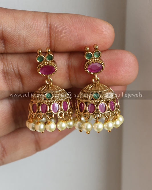 Dark Pink Jhumka with Pearl drops