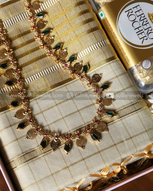 Premium Onam Gift Hamper - 11 piece jewelry, tissue kasavu saree, jasmine & chocolates