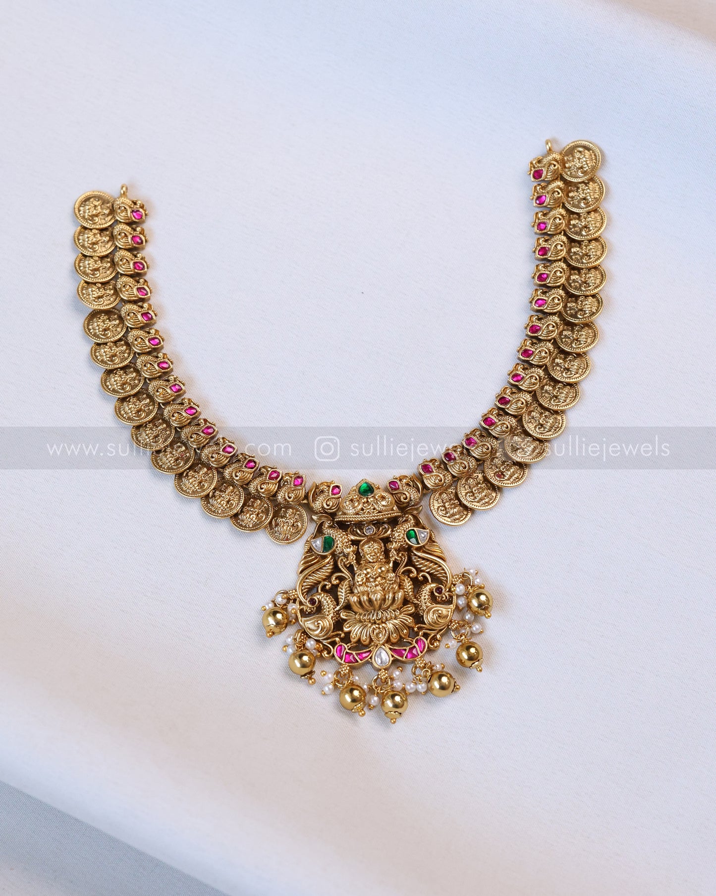3641 - Premium Coin Goddess Necklace with Jhumka - Gold Beads