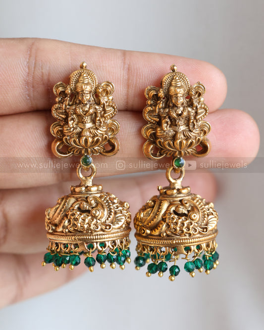 E1233 - Sullie Basic Antique Gold Jhumka with Green Beads