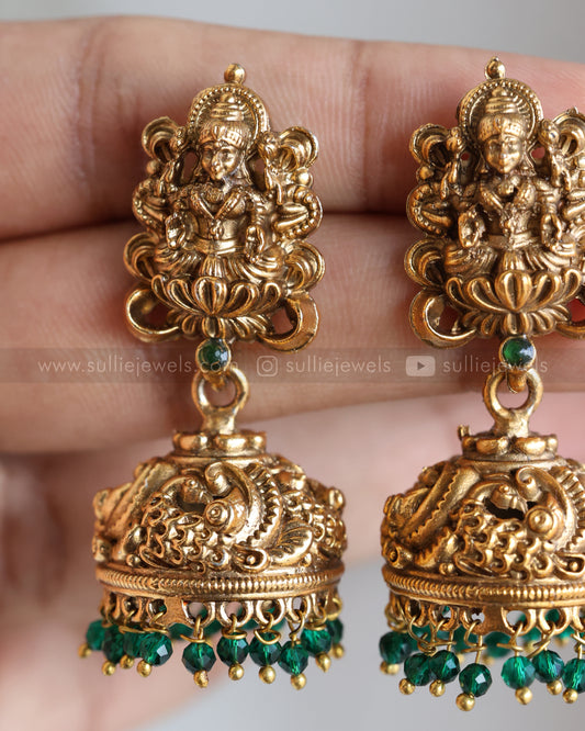 E1233 - Sullie Basic Antique Gold Jhumka with Green Beads